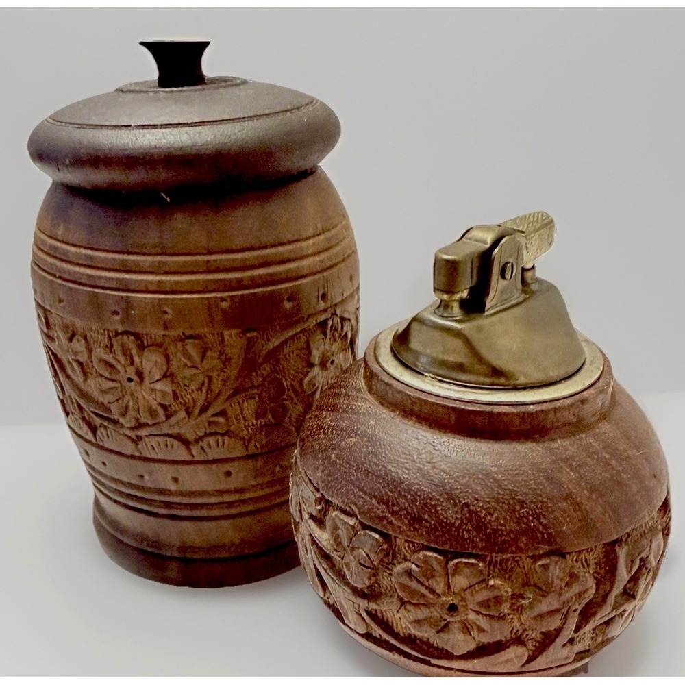 Hand Carved Decor Wood Brass Lighter Home Staging 2 PC Set MCM Old Lodge Estate